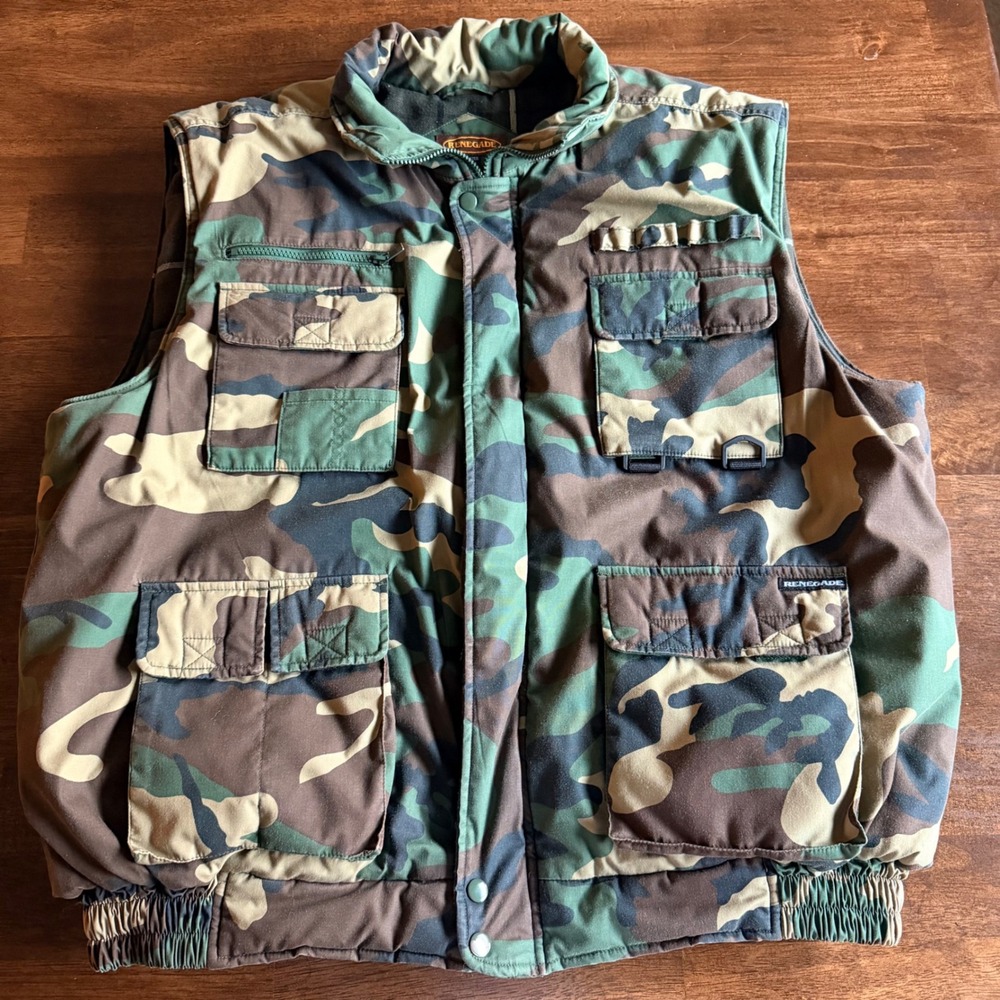 Renegade Mens Woodland Camo Hunting Utility Vest 2XL Padded Multi-Pocket Fishing
